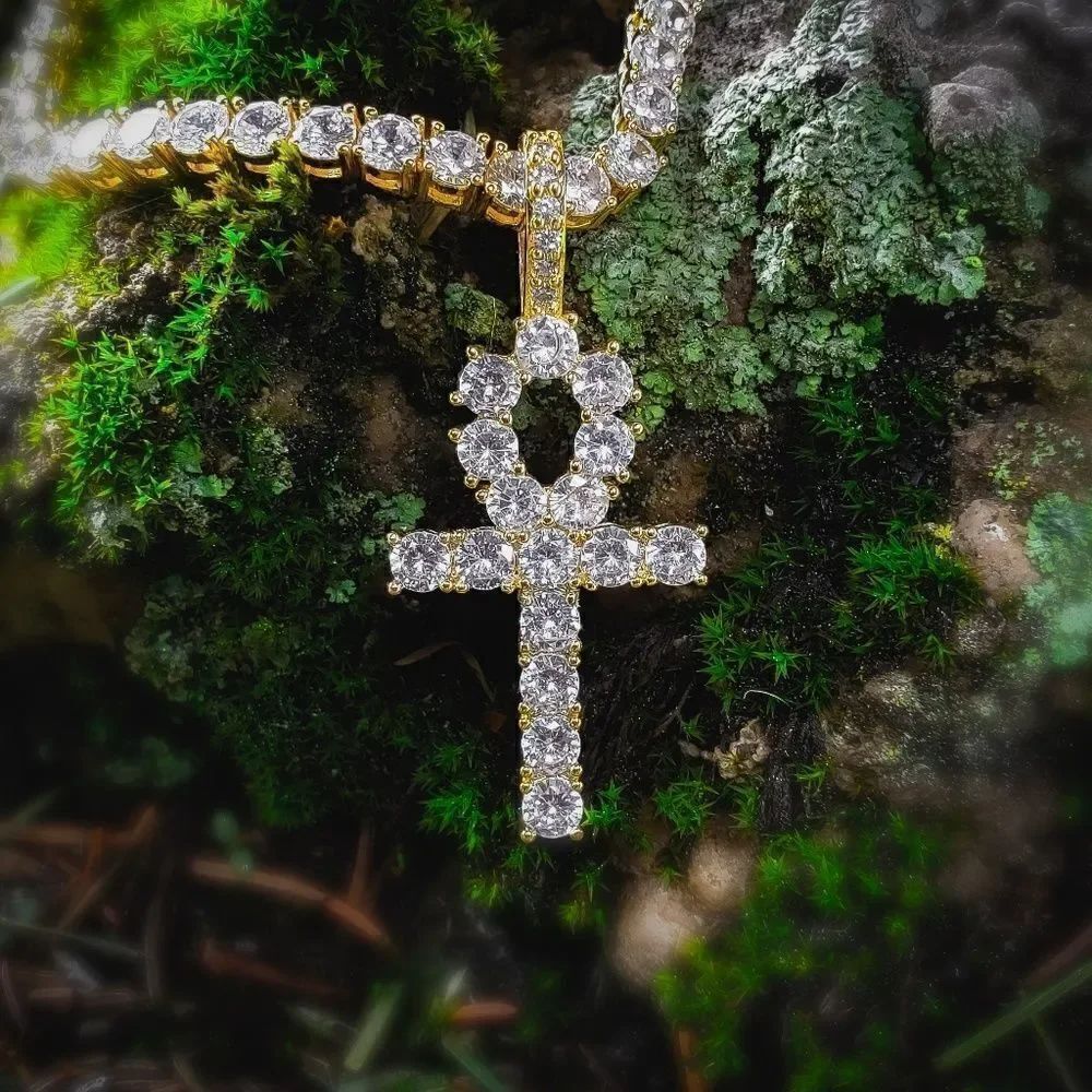 14k Gp Simulated Diamond Ankh Tennis Chain Set - Picture 3 of 3